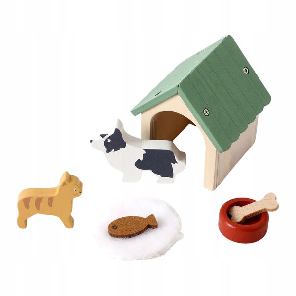Holzhaus für Puppen mit Tierzubehör und Miniaturstock und Katze