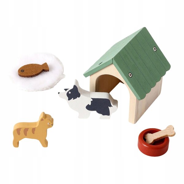 Holzhaus für Puppen mit Tierzubehör und Miniaturstock und Katze