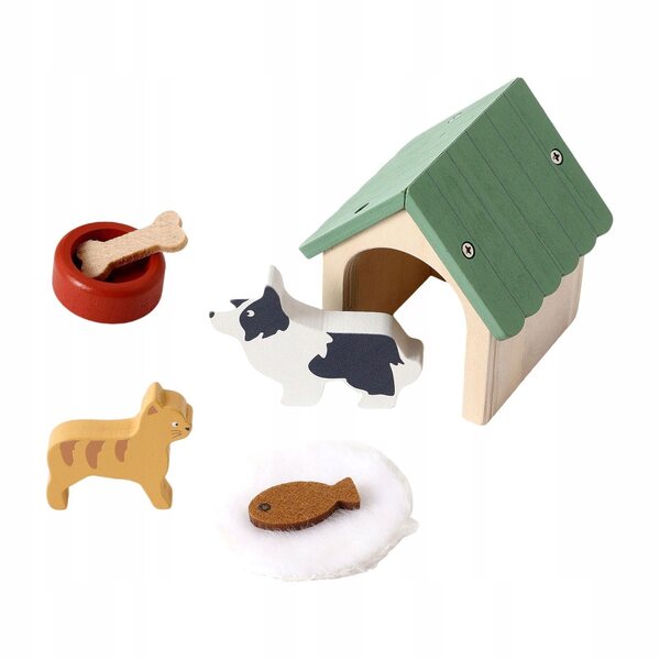 Holzhaus für Puppen mit Tierzubehör und Miniaturstock und Katze