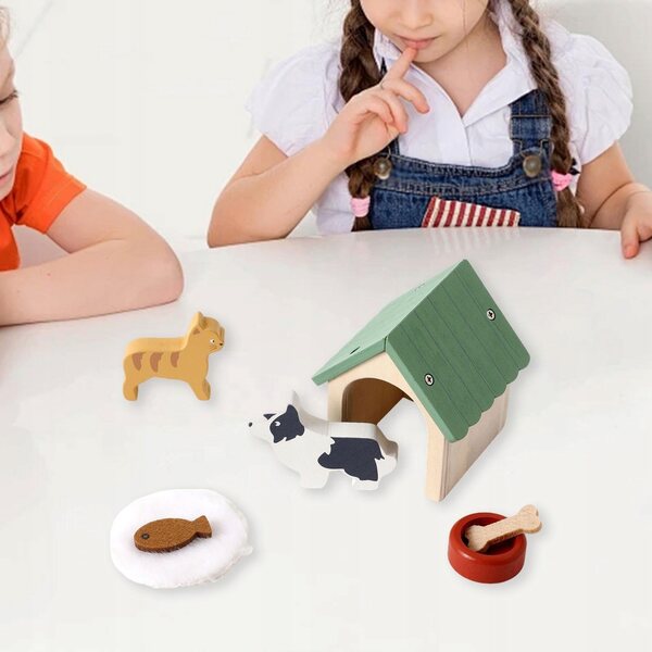 Holzhaus für Puppen mit Tierzubehör und Miniaturstock und Katze