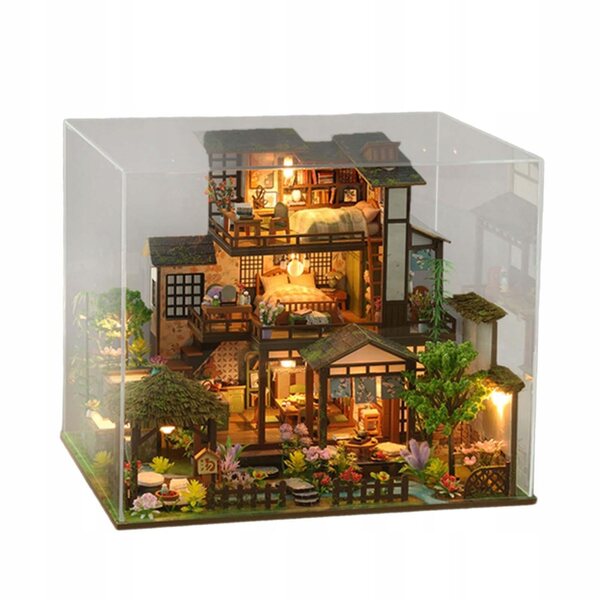 DIY Puppenhaus-Miniatur aus Holz mit Möbeln und Beleuchtung, 30 x 24 cm