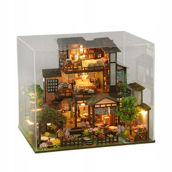 DIY Puppenhaus-Miniatur aus Holz mit Möbeln und Beleuchtung, 30 x 24 cm