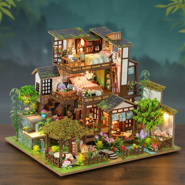 DIY Puppenhaus-Miniatur aus Holz mit Möbeln und Beleuchtung, 30 x 24 cm