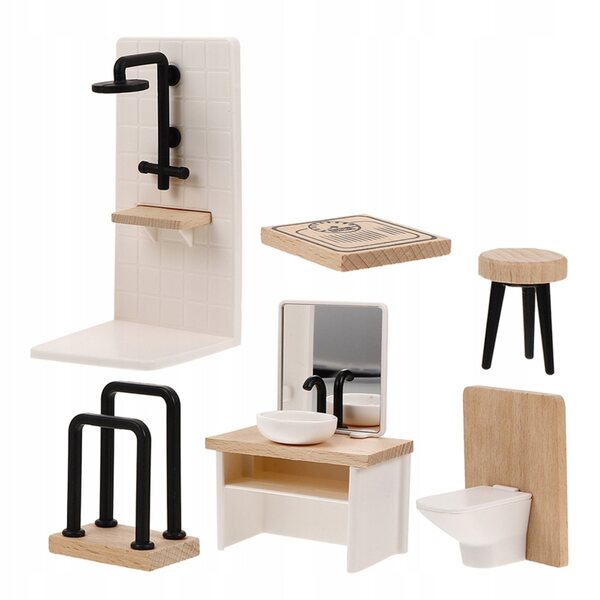 Komplettset Miniatur-Badezimmer aus Holz für Puppenhaus mit detailliertem Zubehör