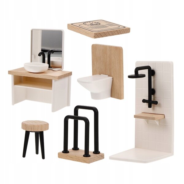 Komplettset Miniatur-Badezimmer aus Holz für Puppenhaus mit detailliertem Zubehör