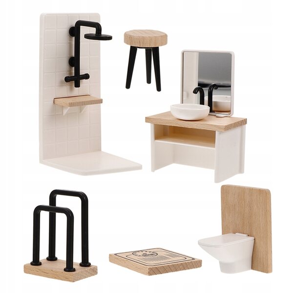 Komplettset Miniatur-Badezimmer aus Holz für Puppenhaus mit detailliertem Zubehör