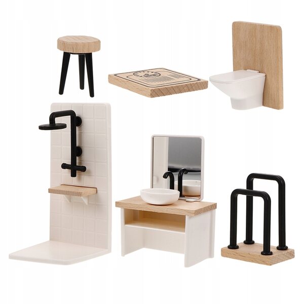 Komplettset Miniatur-Badezimmer aus Holz für Puppenhaus mit detailliertem Zubehör