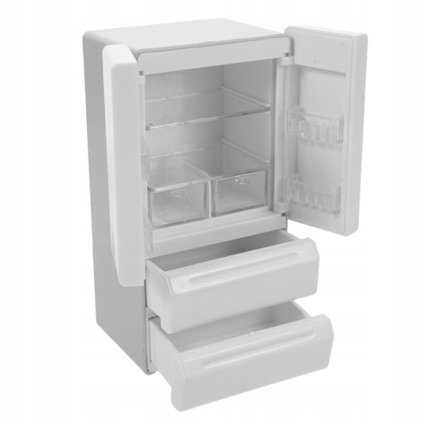Mini frigorifero bianco con luci e doppia porta per casa delle bambole