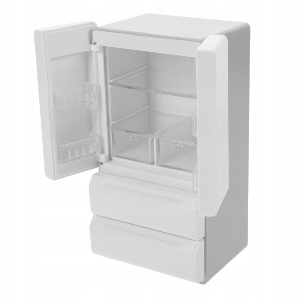 Mini frigorifero bianco con luci e doppia porta per casa delle bambole