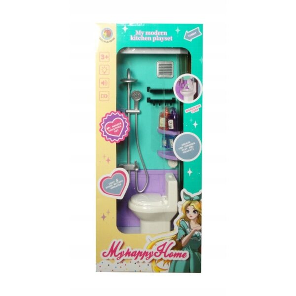 Spielzeug-Badezimmerzubehör-Set für Puppen mit mehrfarbiger Dusche und Toilette