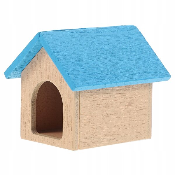 Blaues Miniatur-Holzhaus für Welpen und Puppenhausdekoration