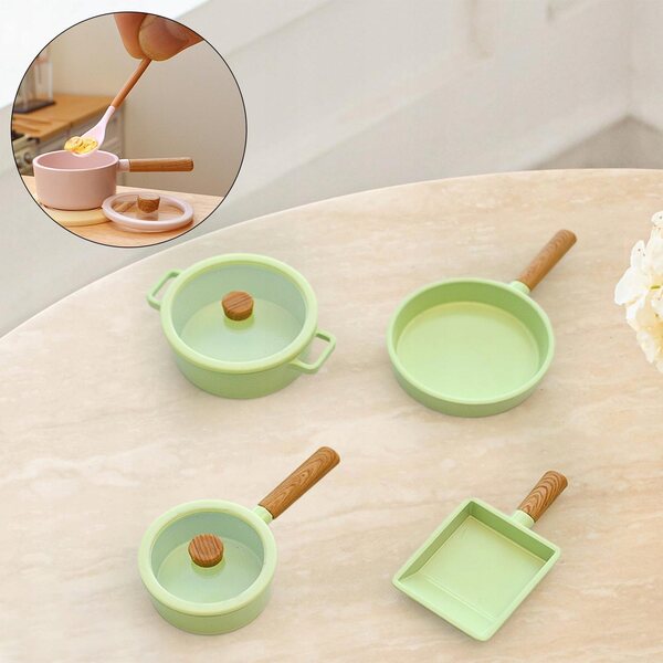 Set Miniature 4 Pezzi Pentole Cucina Verde per Casa delle Bambole 1/6