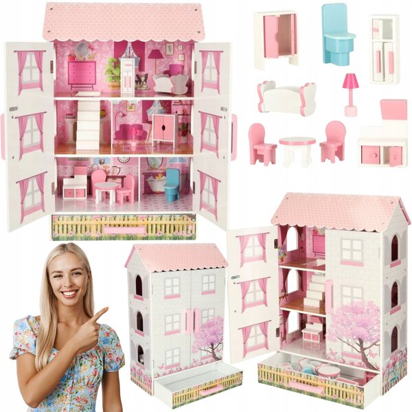 Grande casa delle bambole in legno a 3 piani con mobili e cassetto XXL per bambini