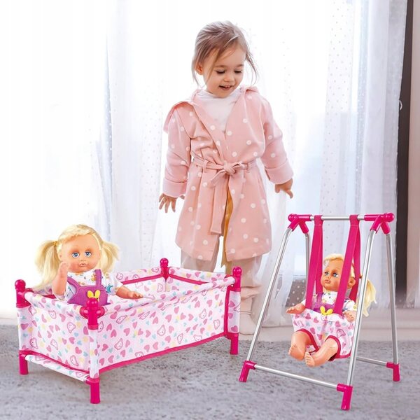 Komplettset 5 in 1 Kinderbett und Hochstuhl für Puppen mit Schaukel und Schaukelstuhl