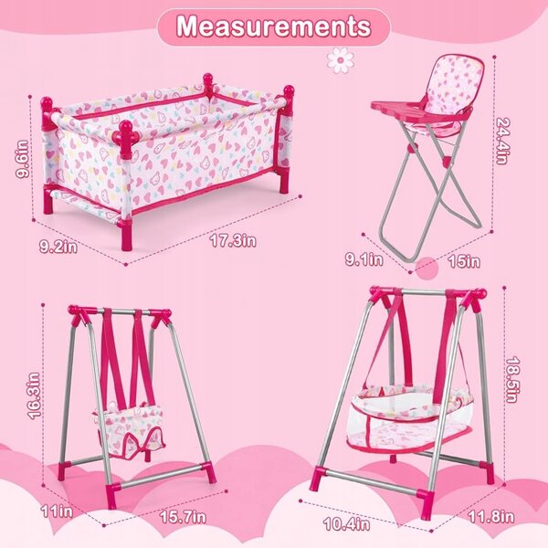 Komplettset 5 in 1 Kinderbett und Hochstuhl für Puppen mit Schaukel und Schaukelstuhl