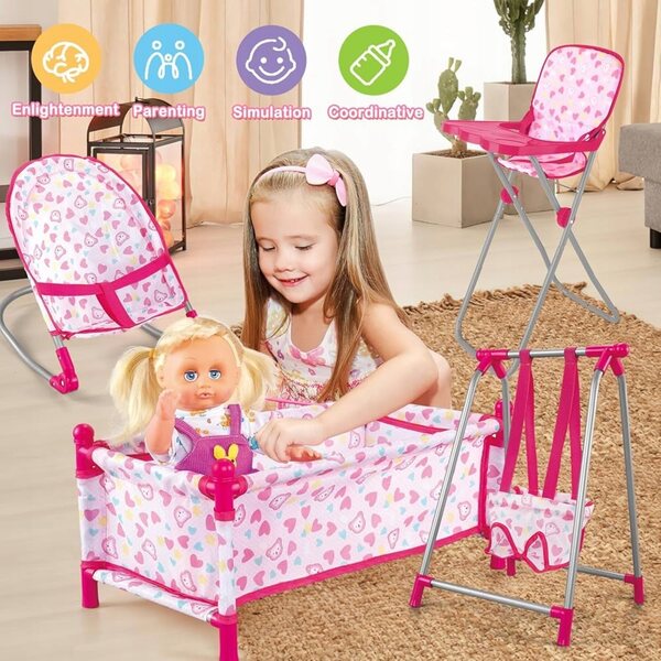 Komplettset 5 in 1 Kinderbett und Hochstuhl für Puppen mit Schaukel und Schaukelstuhl