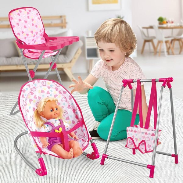 Komplettset 5 in 1 Kinderbett und Hochstuhl für Puppen mit Schaukel und Schaukelstuhl