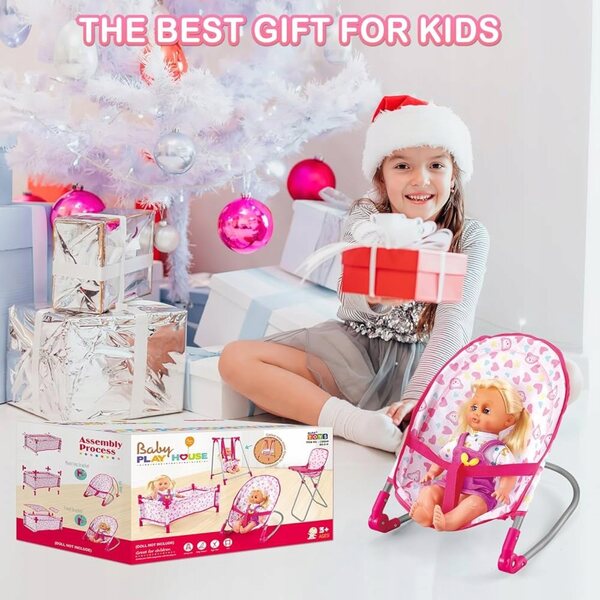 Komplettset 5 in 1 Kinderbett und Hochstuhl für Puppen mit Schaukel und Schaukelstuhl