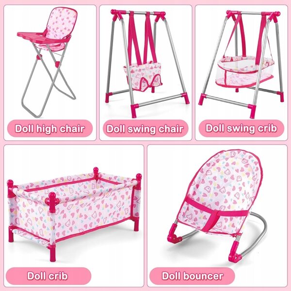 Komplettset 5 in 1 Kinderbett und Hochstuhl für Puppen mit Schaukel und Schaukelstuhl