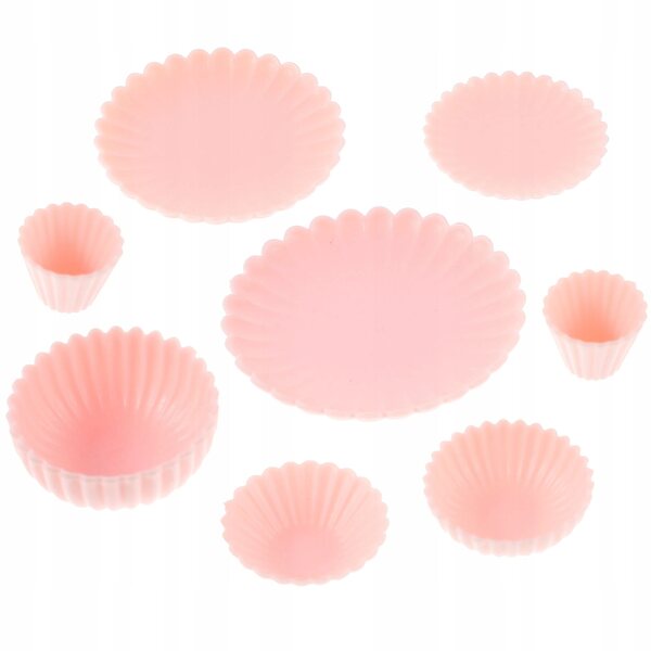 Miniature set di 8 pezzi in PVC rosa per gioco e decorazione casa delle bambole