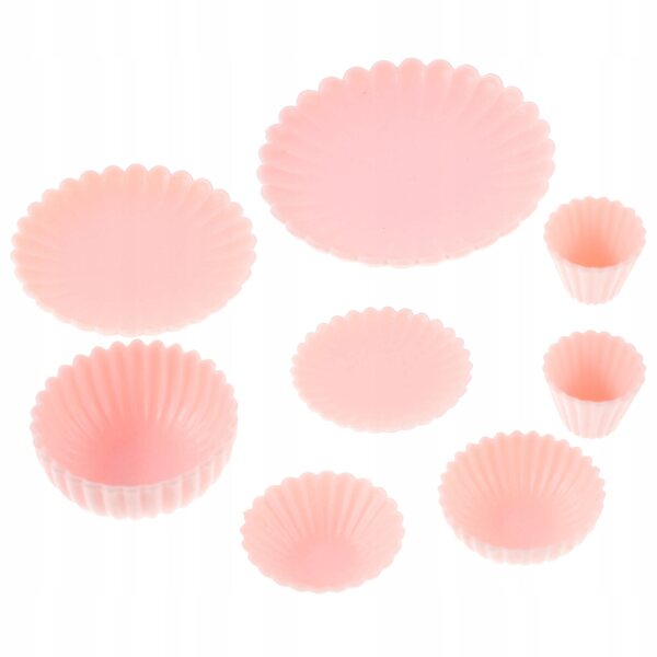 Miniatuurset van 8 stuks in roze PVC voor speel- en poppenhuisdecoratie