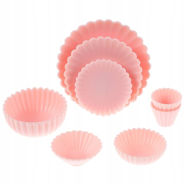 Miniatuurset van 8 stuks in roze PVC voor speel- en poppenhuisdecoratie