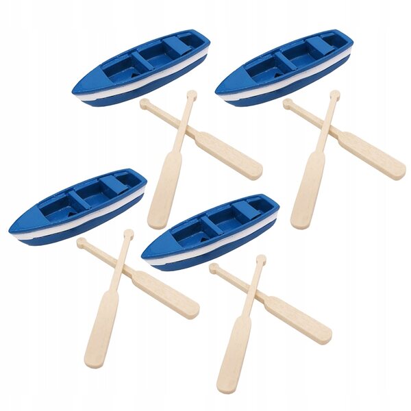 Set 4 Miniature Barche in Resina Blu con Remi Decorativi per Casa e Giardino