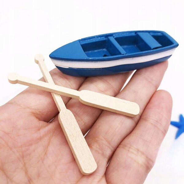 Set 4 Miniature Barche in Resina Blu con Remi Decorativi per Casa e Giardino