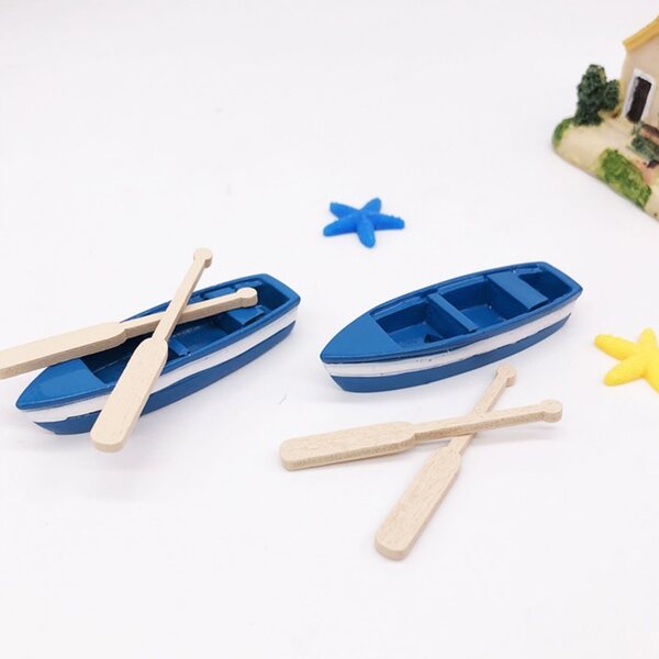 Set 4 Miniature Barche in Resina Blu con Remi Decorativi per Casa e Giardino