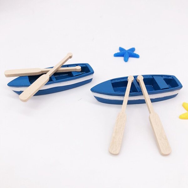 Set 4 Miniature Barche in Resina Blu con Remi Decorativi per Casa e Giardino
