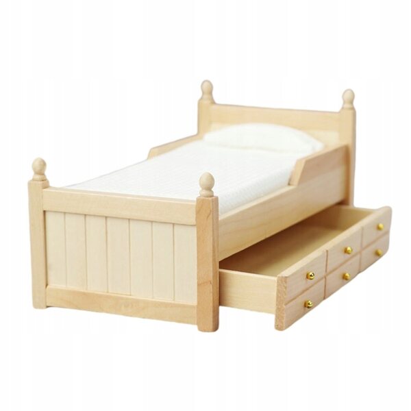 Beiges miniaturisiertes Puppenbett aus Holz, Heimdekoration und Heimwerken
