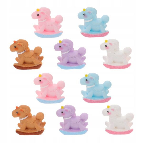 10 Mini-Schaukelpferdfiguren aus Kunstharz mit mehrfarbiger Macaron-Dekoration