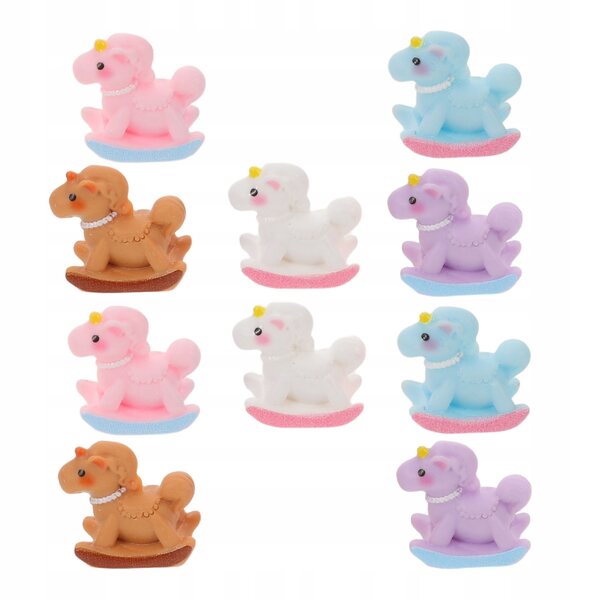 10 Mini-Schaukelpferdfiguren aus Kunstharz mit mehrfarbiger Macaron-Dekoration