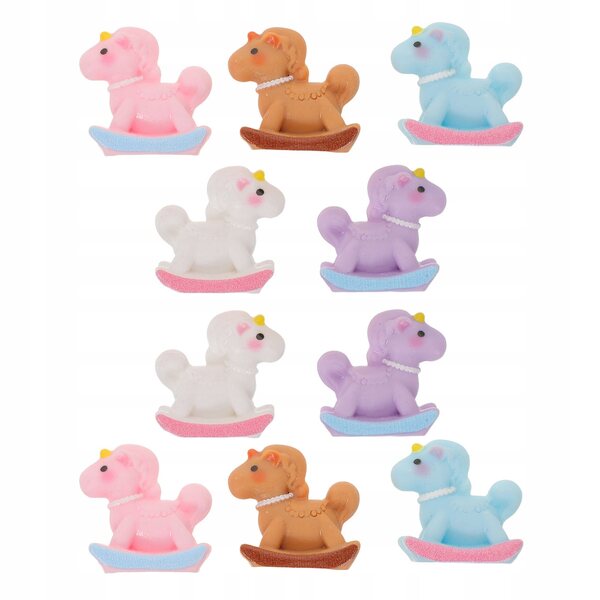 10 Mini-Schaukelpferdfiguren aus Kunstharz mit mehrfarbiger Macaron-Dekoration