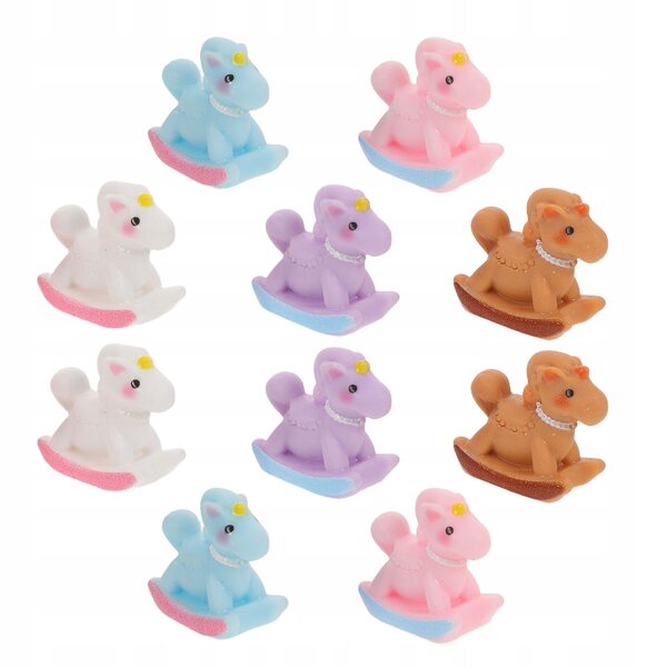 10 Mini-Schaukelpferdfiguren aus Kunstharz mit mehrfarbiger Macaron-Dekoration