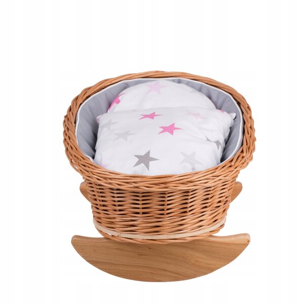 Culla in vimini per bambole con bordino grigio, cuscino e trapunta 46x30 cm