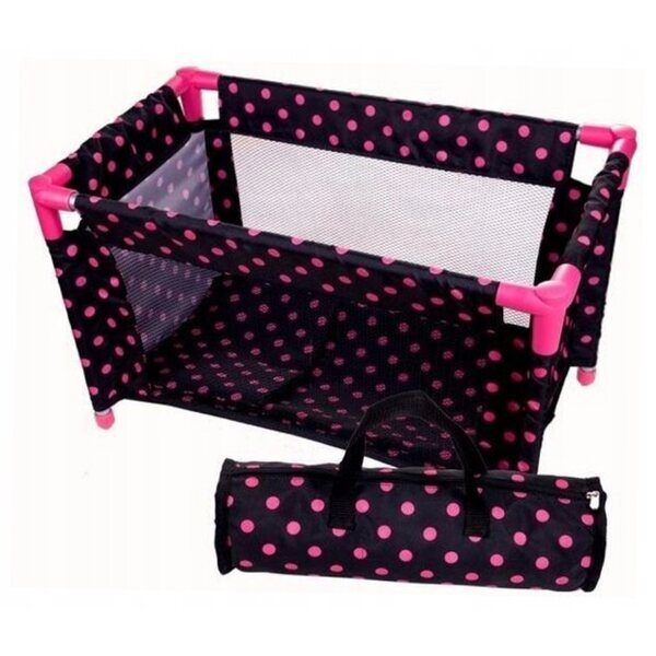 Lettino-Recinto per Bambole Nero con Pois Rosa con Biancheria e Borsa