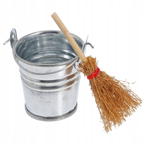Mini-Hausreinigungswerkzeug-Set mit Besen und Eimer aus Holz und Metall