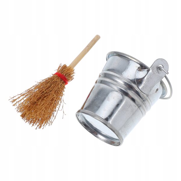 Mini-Hausreinigungswerkzeug-Set mit Besen und Eimer aus Holz und Metall