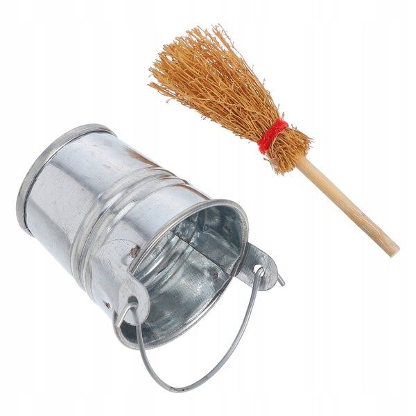 Mini-Hausreinigungswerkzeug-Set mit Besen und Eimer aus Holz und Metall
