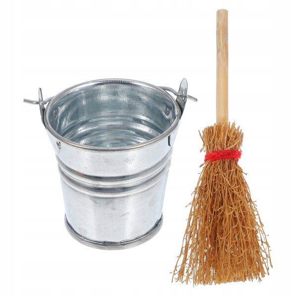 Mini-Hausreinigungswerkzeug-Set mit Besen und Eimer aus Holz und Metall