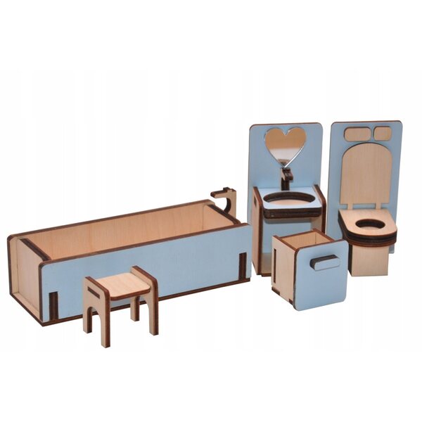 Badezimmermöbel-Set aus Holz für Puppenhaus mit blauen Details