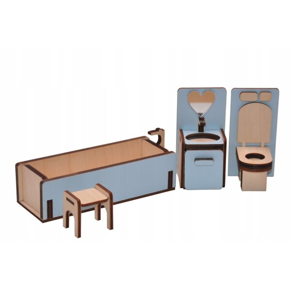 Badezimmermöbel-Set aus Holz für Puppenhaus mit blauen Details