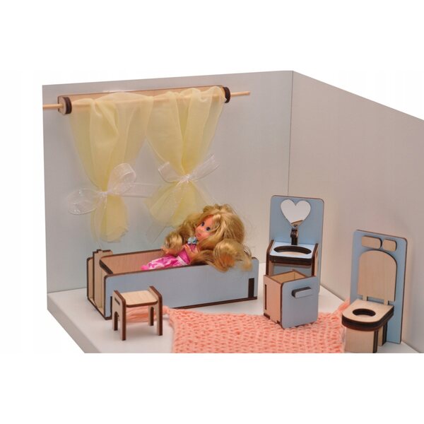 Badezimmermöbel-Set aus Holz für Puppenhaus mit blauen Details