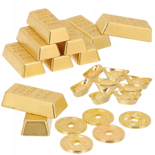 Dekoratives Set aus Mini-Goldbarren und Harzmünzen für Miniaturhäuser