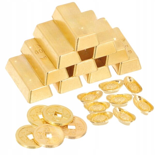 Dekoratives Set aus Mini-Goldbarren und Harzmünzen für Miniaturhäuser
