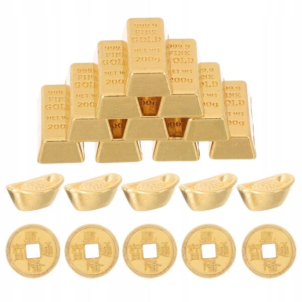 Dekoratives Set aus Mini-Goldbarren und Harzmünzen für Miniaturhäuser