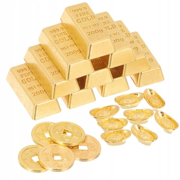 Dekoratives Set aus Mini-Goldbarren und Harzmünzen für Miniaturhäuser