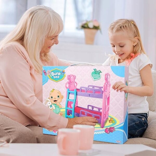 Rosa Etagenbett für Puppen mit Zubehör und Miniaturmöbeln