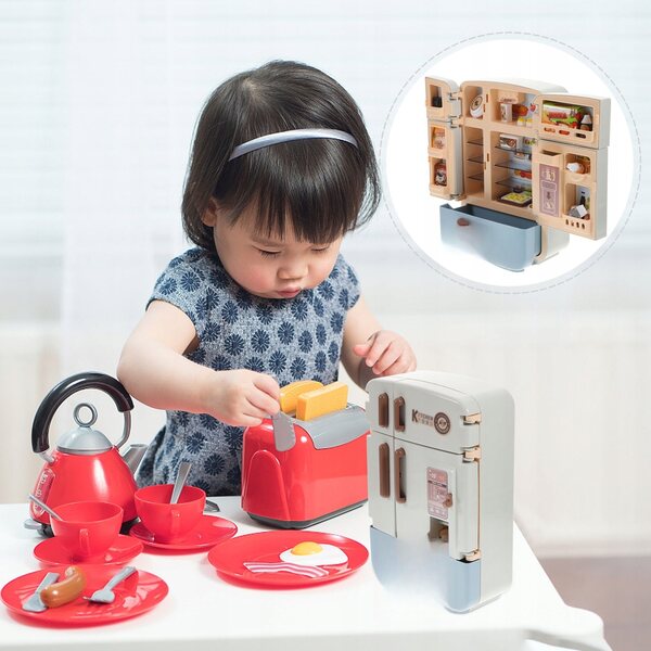 Mini Set Cucina Giocattolo con Frigorifero e Alimenti in Plastica per Bambini
